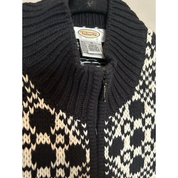 Talbots Cardigan Women Medium Black White Fair Isle Zip Up 100% Cotton Sweater - Picture 5 of 7